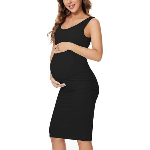 Womens Maternity Dress Sleeveless Tank Dresses Side Ruching Striped Pregnancy Dress Casual Knee Length Bodycon Baby shower