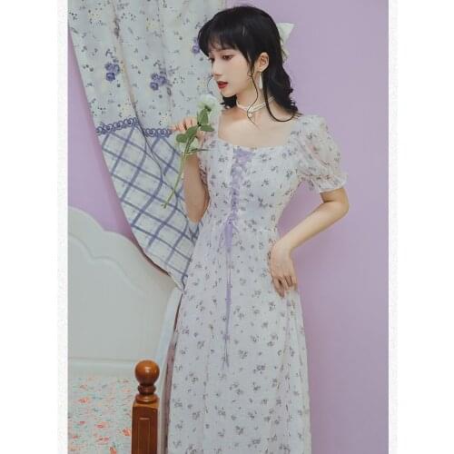 Summer Women Chiffon Floral Fairy Puff Sleeve Dress Bowknot Tie Thin and Sweet Retro Niche Square Neck Dress Vestido de mujer