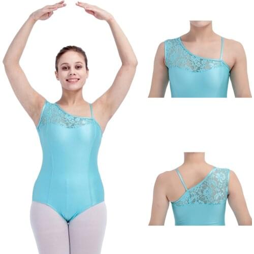 Retail Wholesale Light Blue Shiny Lycra Lace Sleeveless Leotard Girls Ballet Costume Women Gymnastics Bodysuit