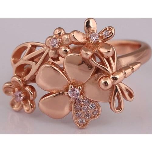 S925 Rose Wildflower Meadow With Crystal Ring For Women Wedding Party Gift fit Lady Fine Jewelry