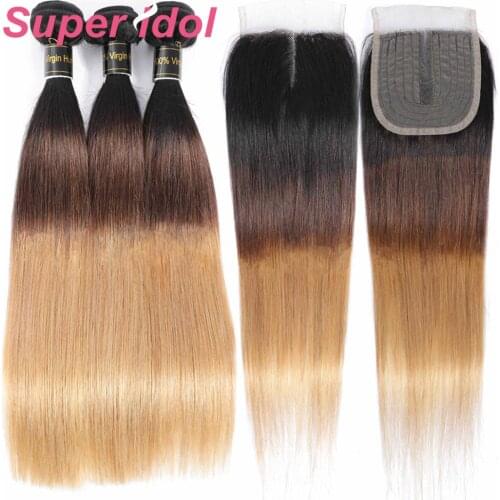 Super Brazilian Straight Hair Weave 3/4 Bundles With Closure Blonde 1B/4/27 Remy Ombre Human Hair Bundles With T Lace Closure