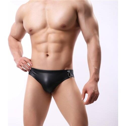 Sexy Underwear Men Leather Like Briefs Mental Ring Sexy Gay Underwear Soft Underpants Shorts Male Panties Ropa Interior Hombre