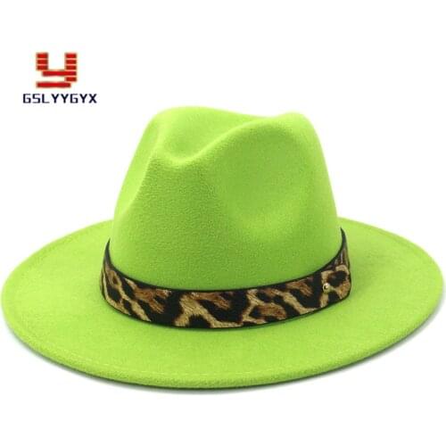 2020 High Quality Hot Sell Women Men Woolen Felt Fedora Hat with Wide Brim Leopard Belt Black White Green Hat