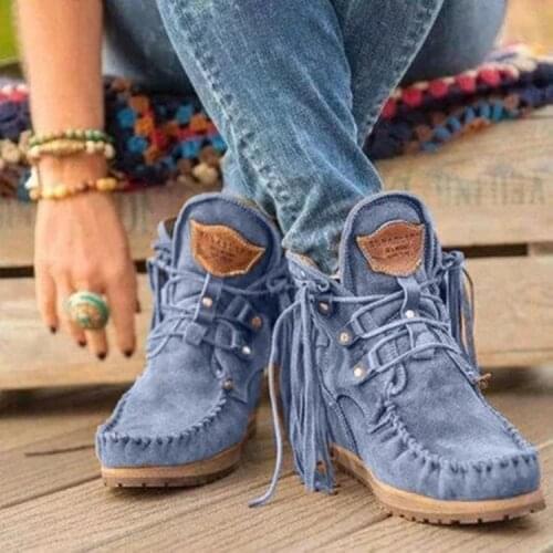 2021 Women Ankle Boots Ladies Suede Shoes Tassel Boots Pop Tide Lace-Up Boho Boots Women Flat Shoes Cowboy Shoes Short Boots