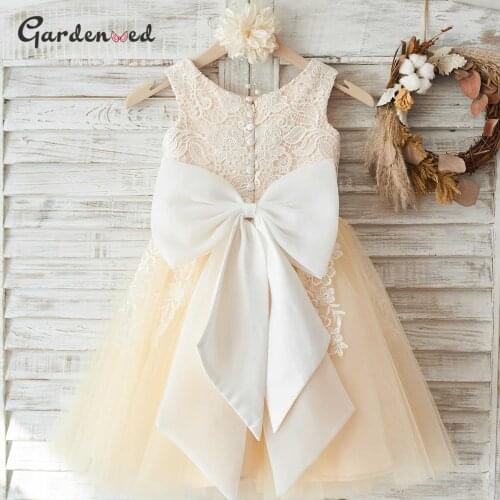 Ivory Tulle Lace Flower Girl Dress Pearls Beadings Baby Ball Gown First Communion Dresses Girl Back Bow Lace Little Bride Dress