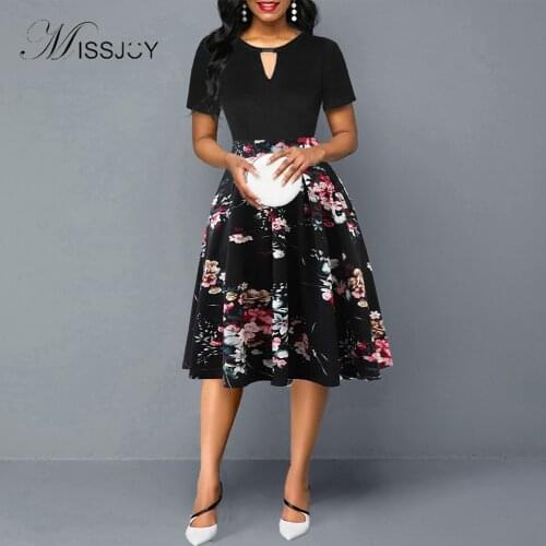 MISSJOY Womens Hollow Collar Short Sleeve Pleated Round Neck Large Floral Print Multicolor A-line Short Dress