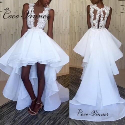 Sexy V neck Low-High Beach Wedding Dress 2021 Lace Appliques Illusion back White Organza Europe Fashion Short Bride Dress W0823