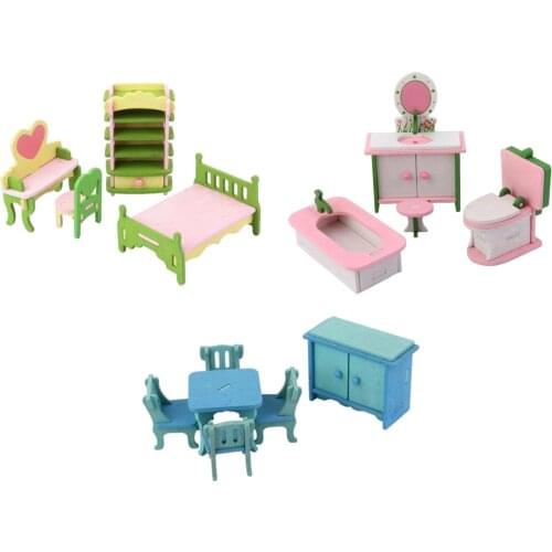3 Sets 1/12 Dollhouse Miniature Wooden Kitchen Cabinet Table Chair Tea Set Pretend Play Furniture Toys for Children Gift Collect