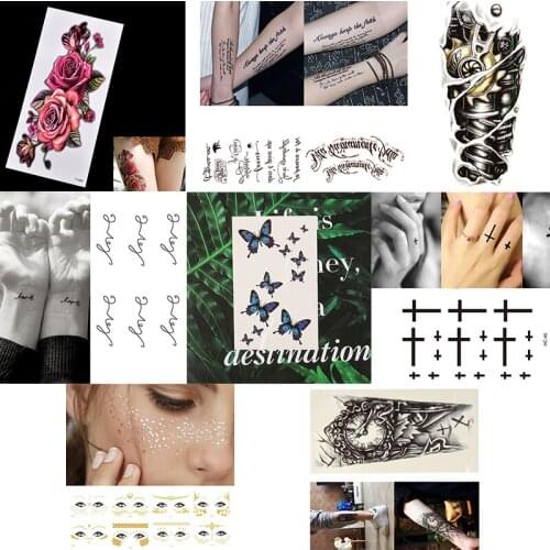 5 PCS Waterproof Temporary Tattoo Sticker Cross bell Tattoos letter Rose Flower Body Art Arm Glitter Fake face tattoo stickers