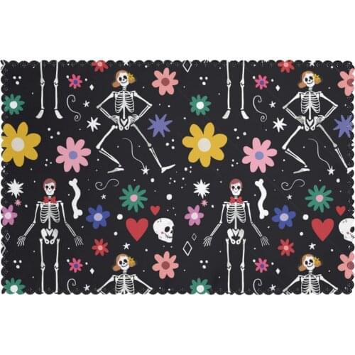 6 PCS Placemat Hand Drawn Day Of Dead Skull Fabric Table Mats Tableware Kitchen Tool Table Mats