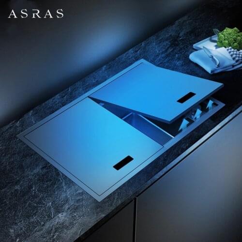 ASRAS 6443NS Handmade Nanometer Kitchen Sink Stainless Steel Hidden Sink with Cover Thickened Nano Black Single Sink with Faucet