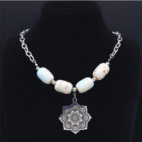 Boho Stainless Steel Natural Stone Bead Necklace Charms for Women Yoga Flower of Life Necklace Jewelry bijoux N560S04