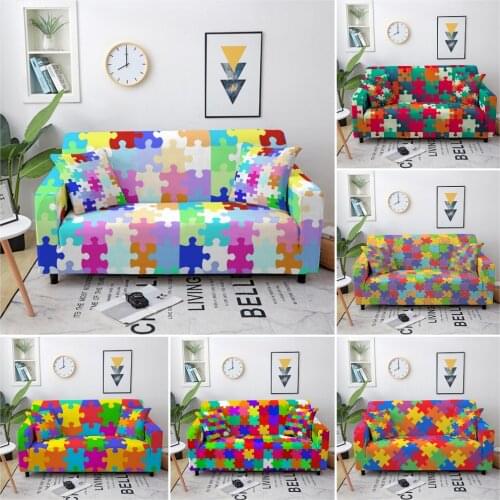 Cartoon Puzzle Pattern Sofa Cover Elastic Sectional Couch Cover All-inclusive Sofa Slipcover For Living Room Home Decor 1-4 Seat