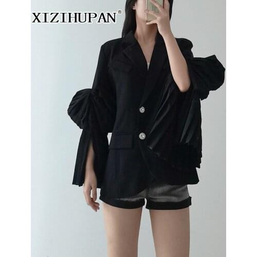 XIZIHUPAN Elegant Solid Fold Pleated Female Blazer Notched Long Sleeve Patchwork Causal Plain Blazers For Women 2021 Autumn New