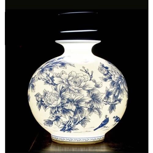 Jingdezhen Ceramic New Chinese Peony Flower Vase Blue And White Porcelain Ornaments Lliving Room Fine Bone China Vase Decoration