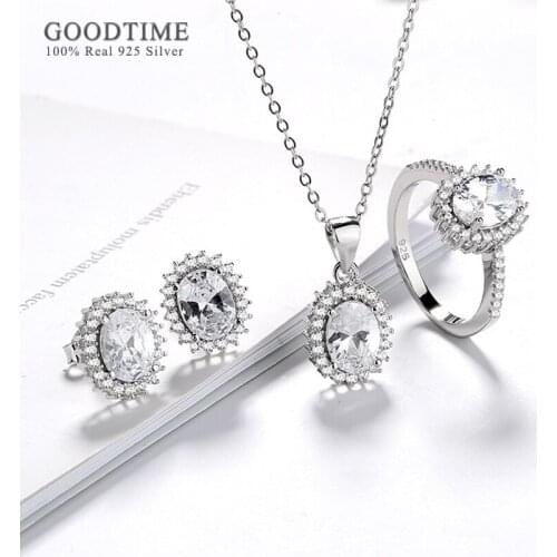 Luxury Rhinestone 925 Sterling Silver Bridal Jewelry Sets Zircon Necklace Earrings Ring Accessories For Women Party