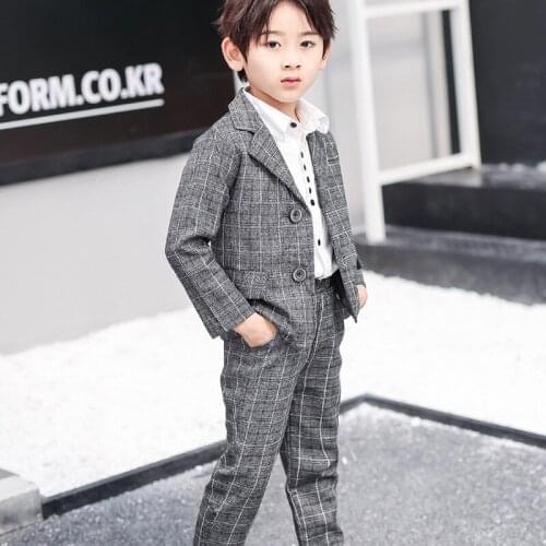 Boys suit new childrens plaid jacket suit male handsome baby Jacket + pants 2pcs set