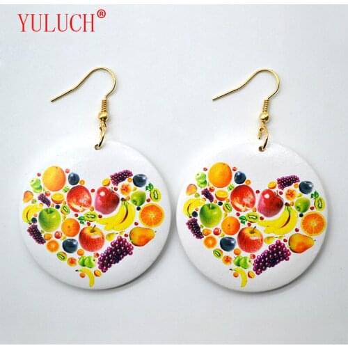 Chinese hand-made bohemian variety of fruit stacked heart-shaped wooden color printing round beautiful woman jewelry earrings