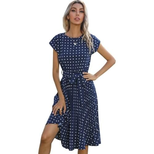 Summer Ladies Boho Dress Polka Dots Print Bandage Short Sleeve Temperament O Neck Ruffle Casual Loose Streetwear Women Dresses
