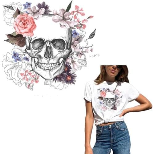 Fashion Skull Iron On Patches For Clothing Rose Fabric Badge Heat Transfer T-shirt Washable Decoration Sticker On Clothes Y-078