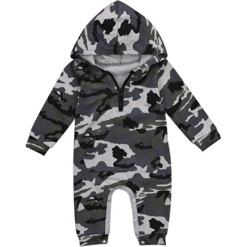 0-24M Newborn Kids Baby Boys Fashion Zipper Romper Camo Print Jumpsuit Playsuit Autumn Winter Hooded Clothes Outfit