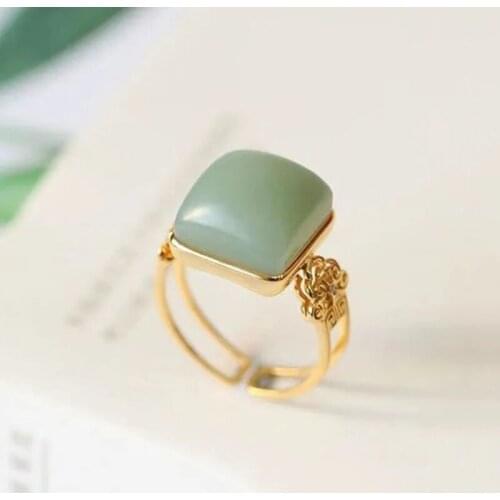 Natural Hetian sapphire geometric open ring Chinese style retro creative light luxury charm womens brand silver jewelry