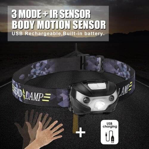 Mini Rechargeable LED Headlamp Gesture Sensing USB-Charging Headlight Super Bright 3 Modes Camping Running Fishing Flashlight