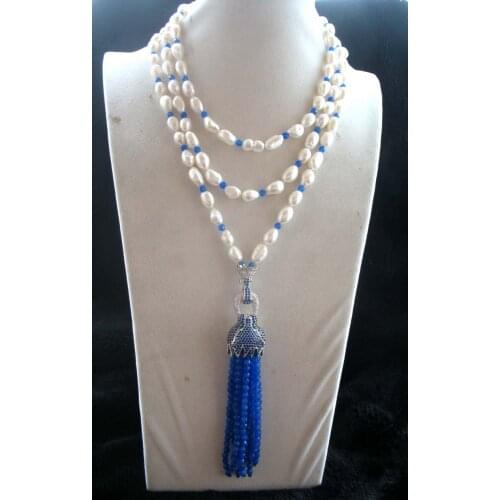 Freshwater pearl white baroque 9-11mm blue jade necklace 80inch FPPJ wholesale beads nature