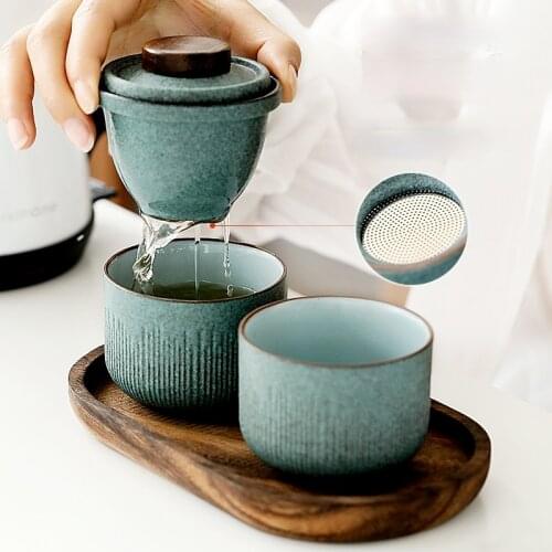Travel Tea Set Set Outdoor Car Fast Passenger Cup One Pot Two Cups Mini Portable Bag Filter Tea Cup Walnut Tray Holiday Gift