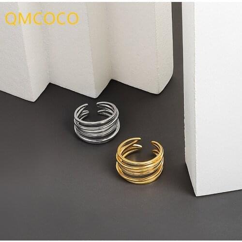 QMCOCO 2021 New 925 Silver Finger Rings For Women Vintage Multilayer Lines Trendy Fine Jewelry Open Adjustable Rings