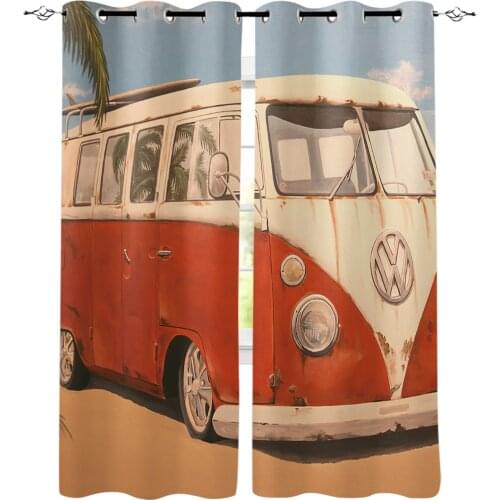 Retro Bus Bus Palm Trees Dusk Window Curtains Living Room Curtain Home Decor