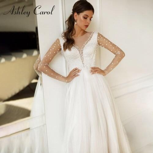 Ashley Carol Long Sleeve Wedding Dress 2021 Elegant V-neck Shiny Illusion Point Wave A-Line Boho Bride Dresses Vestido De Noiva