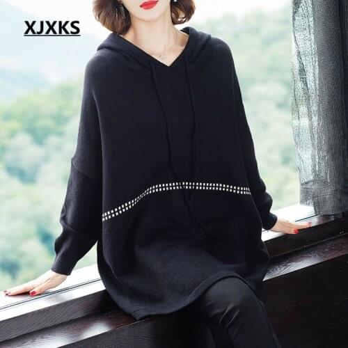 XJXKS Fashionable hooded oversized loose women sweater 2020 autumn winter new cashmere knitted long sweater women pullover