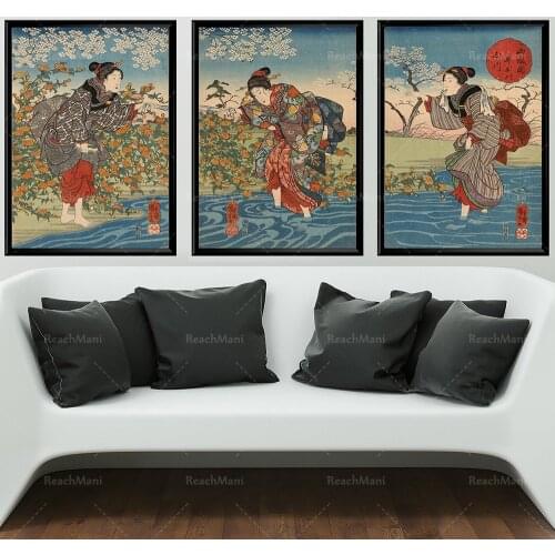 Japanese women triptych vintage Japanese women crossing the shallow river wood engraving retro set of 3 Japanese women illustrat