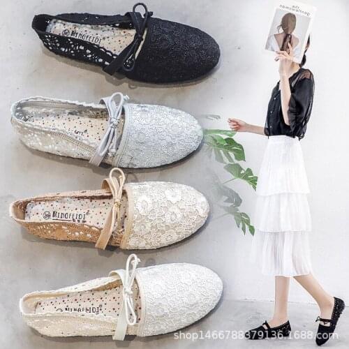 2021 summer new womens single shoes lace cloth shoes sweet flowers hollow womens shoes all-match flat casual womens shoes