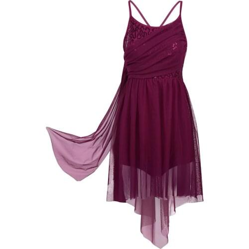 Women Spaghetti Straps Asymmetrical Mesh Ballet Tutu Leotard Dress Ballerina Stage Shiny Sequin Bodysuit Adult Dancewear