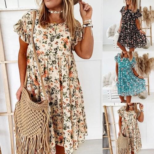 WomenS Dress New Summer Short-Sleeved Round Neck Ruffled Short Knee-Length Beach Print Holiday Dress Hot платье летнее 50