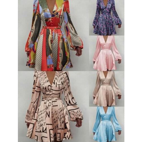 Women Vintage Dress Elegant Button Print Loose Party Dress V Neck Lantern Sleeve Ribbing Office lady Letter FLower Dress