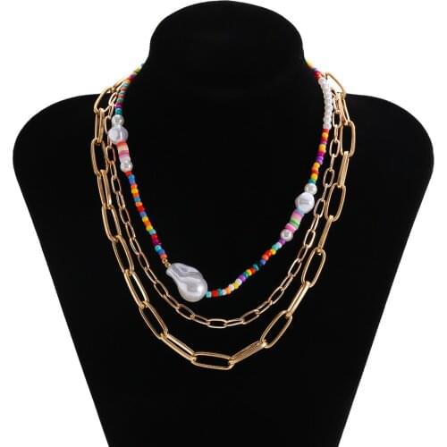 Gold Multilayer Trendy Bead Strand Beaded Choker Necklace For Women Bohemian Colorful Handmade Short Pearl Necklace Collar Gifts