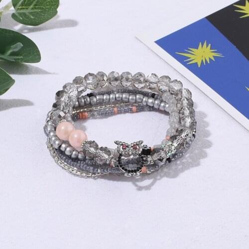 HANJING Vintage Multilayer Colorful Crystal Owl Bracelet & Bangle For Women Charm Beads Bracelet Set Female Jewelry Gifts