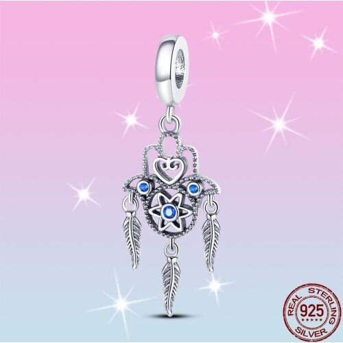 2021 New HOT SALE 925 Sterling Silver Blue Feather Palm Charm Beads Fit Original Pandora Bracelet Pendant Necklace Jewelry