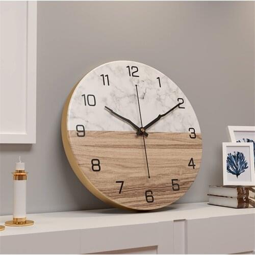 Nordic Fashion Clock Wall Home Decor Marble Texture Metal Living Room Round 12inch Watch Reloj de Pared Simple Wood Grain Needle