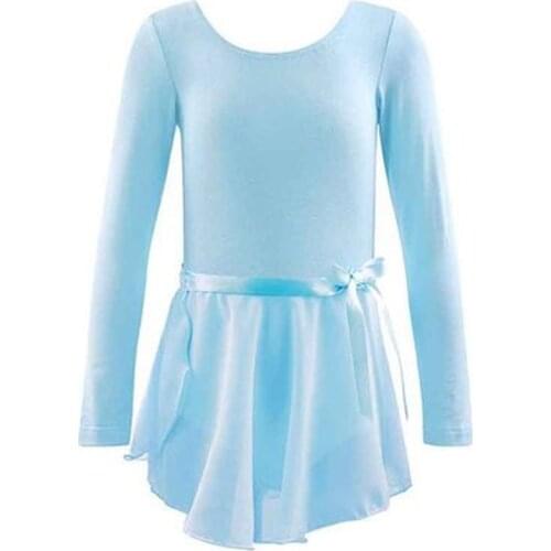 2021 Kids Girls Long Sleeve Cotton Tulle Ballet Dance Leotard Dress for Performance Dancewear Clothes with Chiffon Tied Skirt