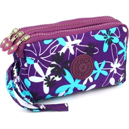 3 Zippers Women Wallet Canvas Fabric Lady Purses Moneybags Flower Coin Purse Clutch Wristlet Handbag Girls Wallet Burse billfold