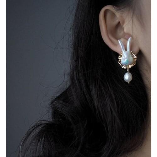 LOVOACC Cute White Pearl Rabbit Drop Earrings for Women Korean Gold Color Alloy Animal Statement Dangle Earrings Bijoux Femme