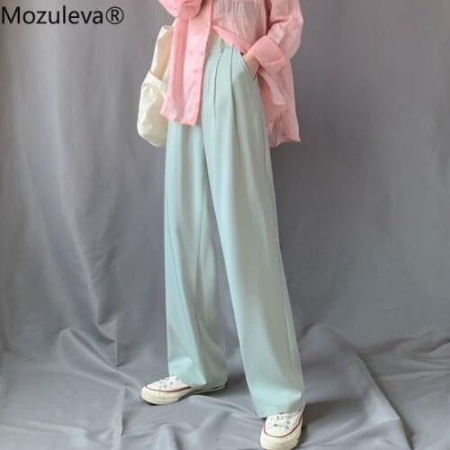 Mozuleva High Waist Loose Pants Women Summer Thin Elastic Waist Solid Pants Stylish Green Pants Female Casual Straight Trousers