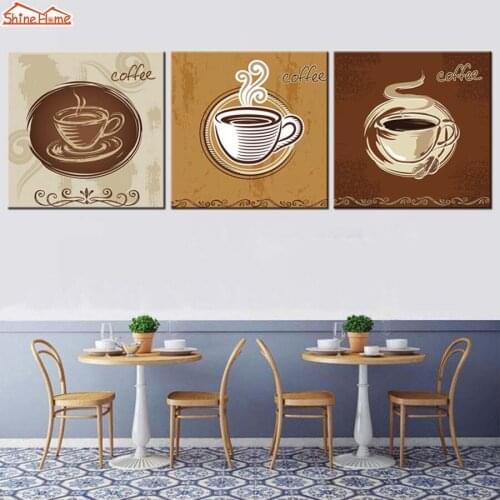 ShineHome-3pcs Wall Art Canvas Prints Oil Paintings Triptych Modular Picture Cafe Coffee Tea Restaurant Dining Living Room Decor