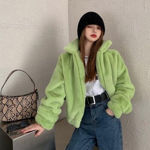 2021 New Green Short Faux Fur Coats Korean Casual Plush Coat Women Stand Collar Overcoats Winter Chic Thicken Warm Furry Jackets