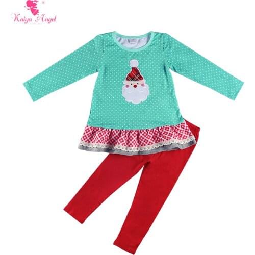 Kaiya Angel New Arrival Autumn Baby Girls Christmas Clothing Set Santa Claus Applique Top Red Cotton Pants Factory Wholesale