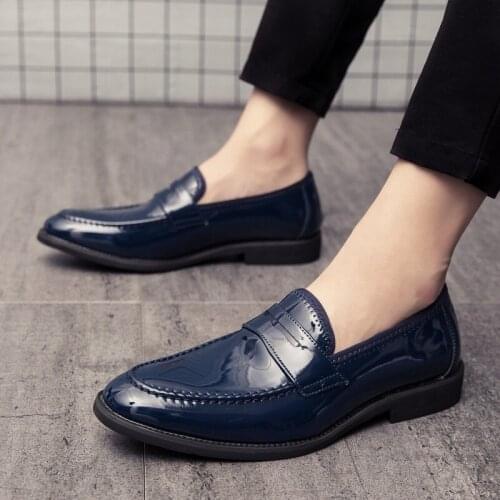 New Luxury Designer Blue Glossy Slip-on Shoes Mens Casual Oxford Loafers Business Formal Dress Footwear Zapatos Hombre Vestir